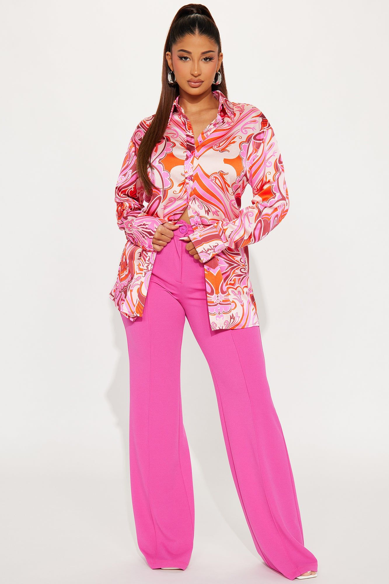 Early Morning Satin Shirt - Pink/combo sold by Fashion Nova