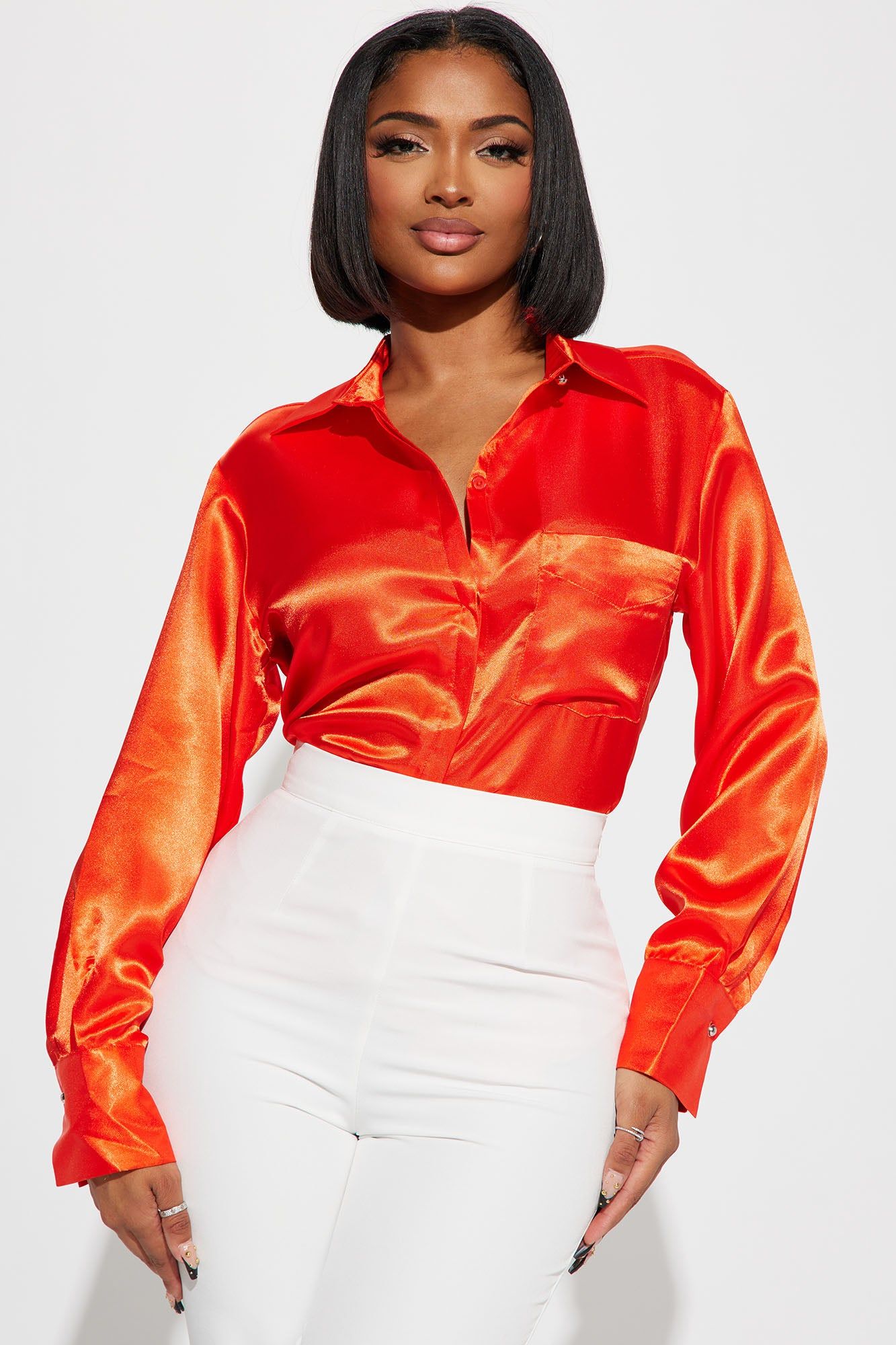 Sedona Satin Shirt - Orange sold by Fashion Nova
