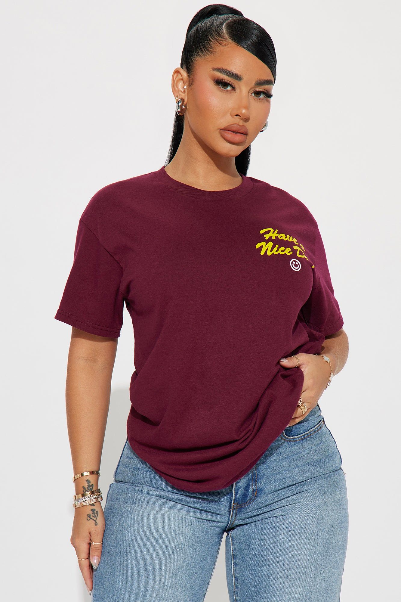 Have A Nice Day Graphic Tee - Burgundy sold by Fashion Nova
