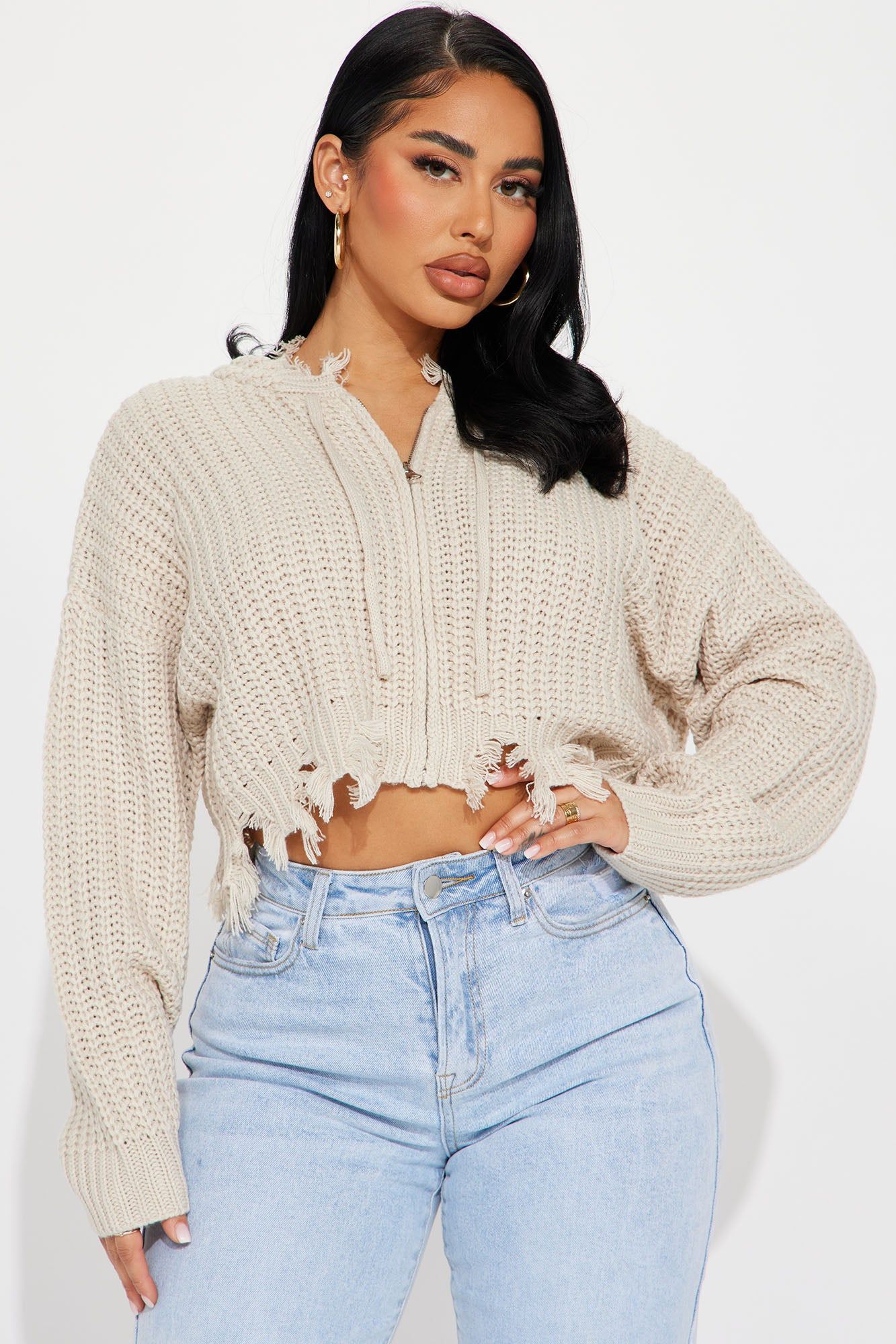 Emery Distressed Cardigan Sweater - Oatmeal sold by Fashion Nova