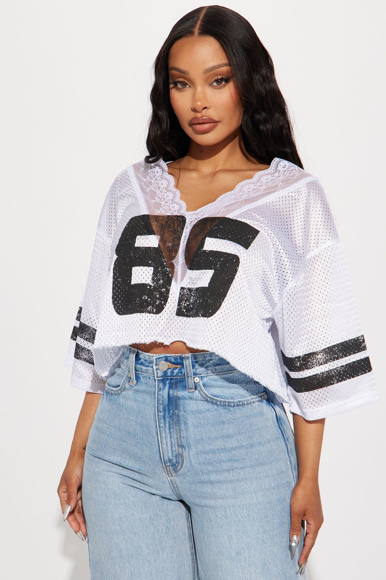 Lucky 85 Lace Jersey Tee - White sold by Fashion Nova