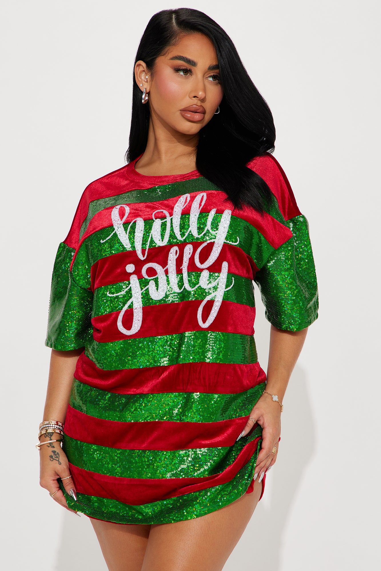 Holly Jolly Sequin T-Shirt Dress - Green/combo sold by Fashion Nova