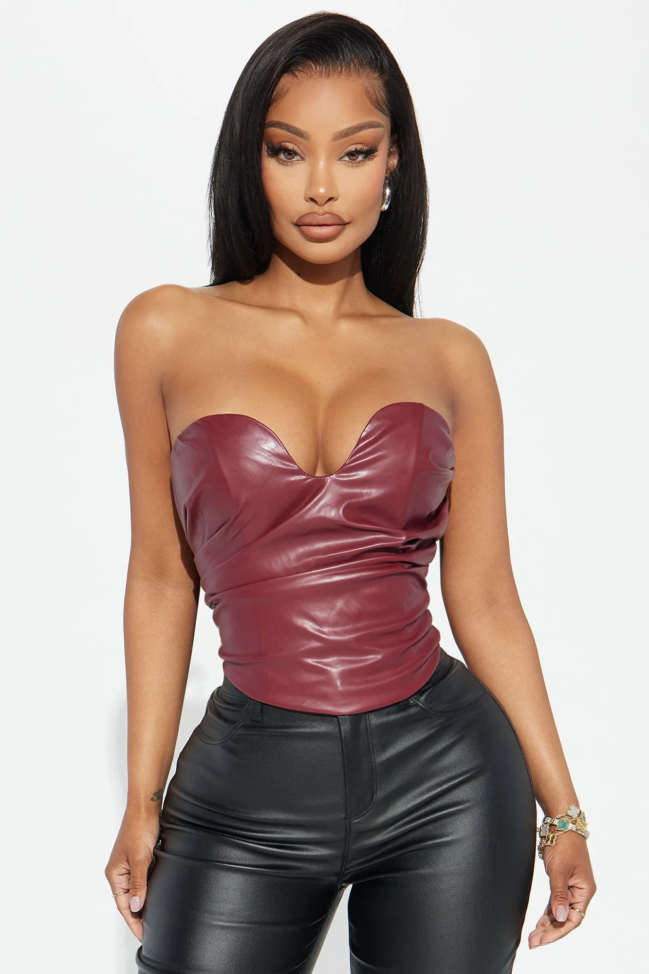 Catching Looks Faux Leather Top - Wine sold by Fashion Nova