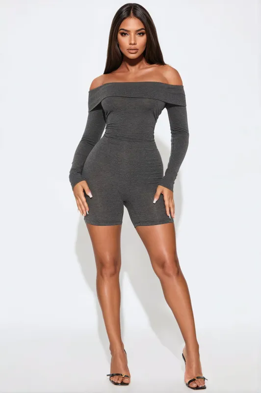 Olivia Off Shoulder Romper - Charcoal sold by Fashion Nova