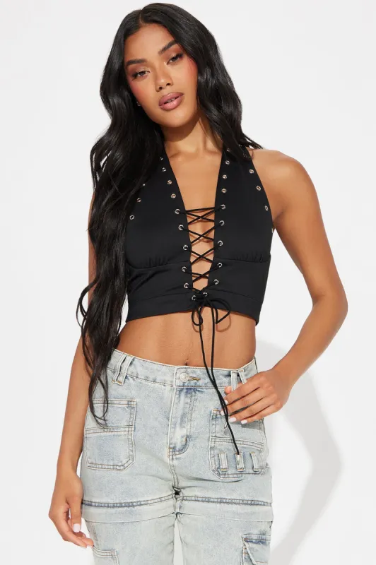 Can't Be Friends Lace Up Halter Top - Black sold by Fashion Nova