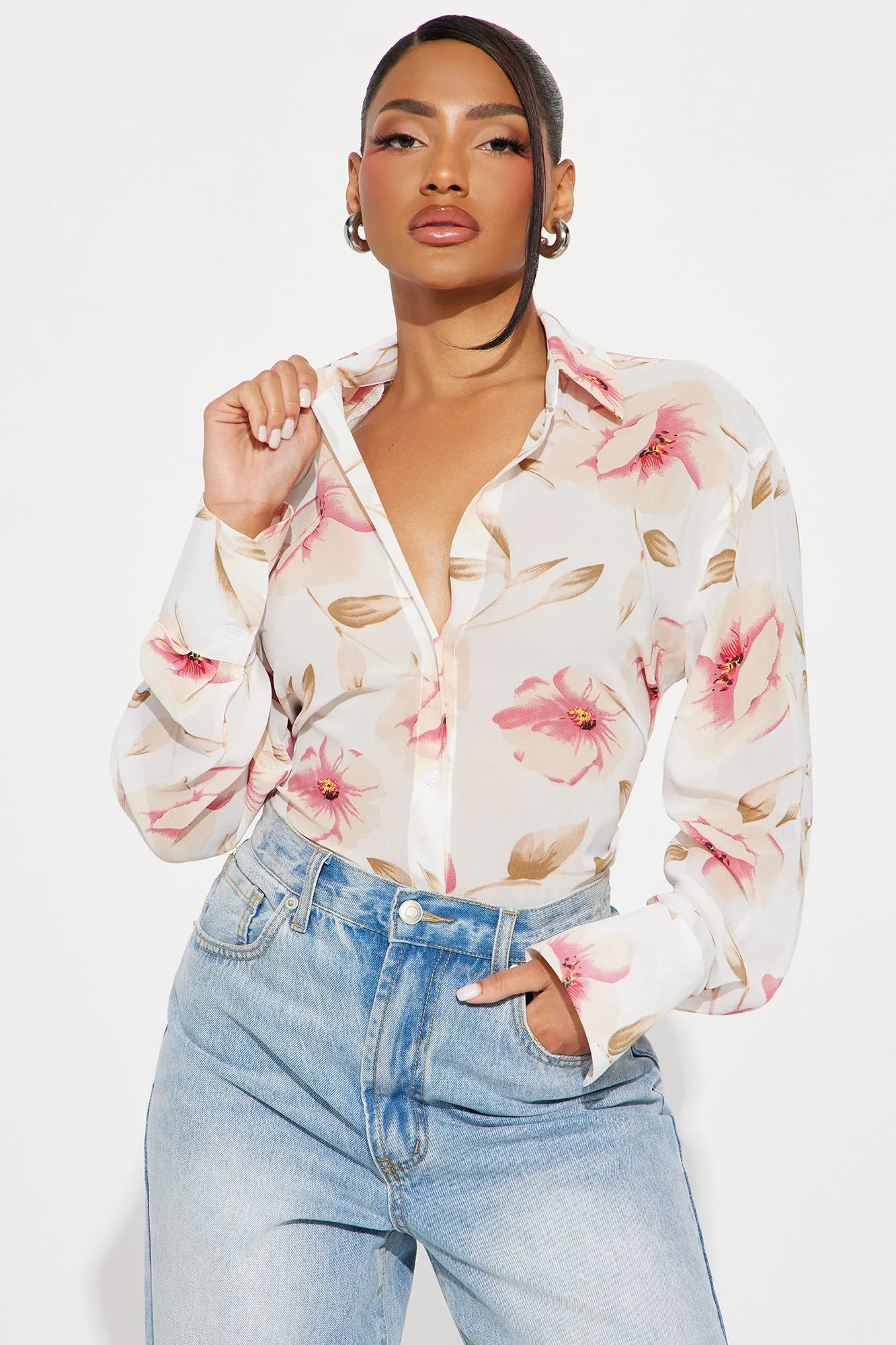 La Fleur Floral Shirt - Ivory/combo sold by Fashion Nova