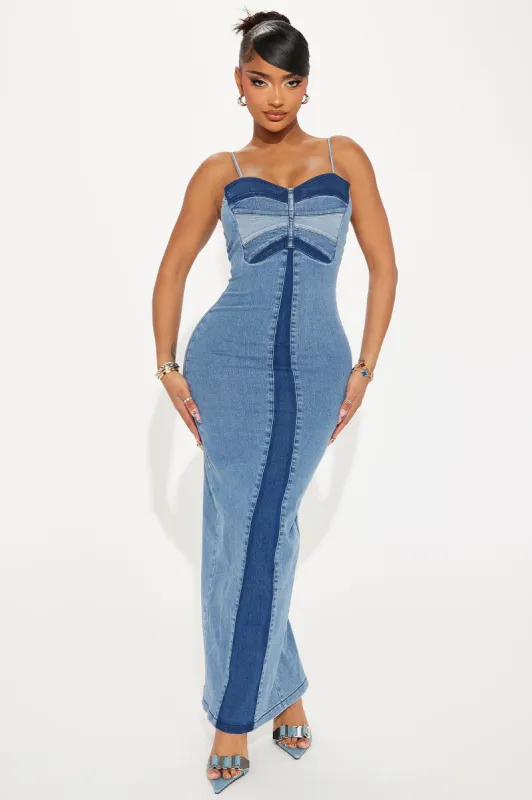 Butterfly Denim Maxi Dress - Denim sold by Fashion Nova