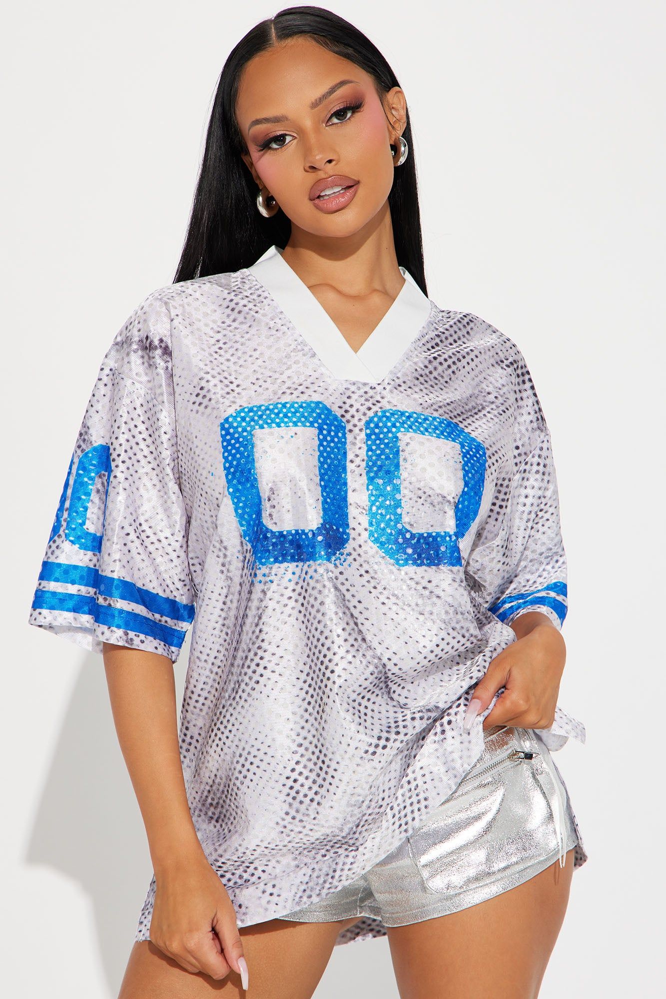 Can't Compete Sequin Top - Blue/combo sold by Fashion Nova