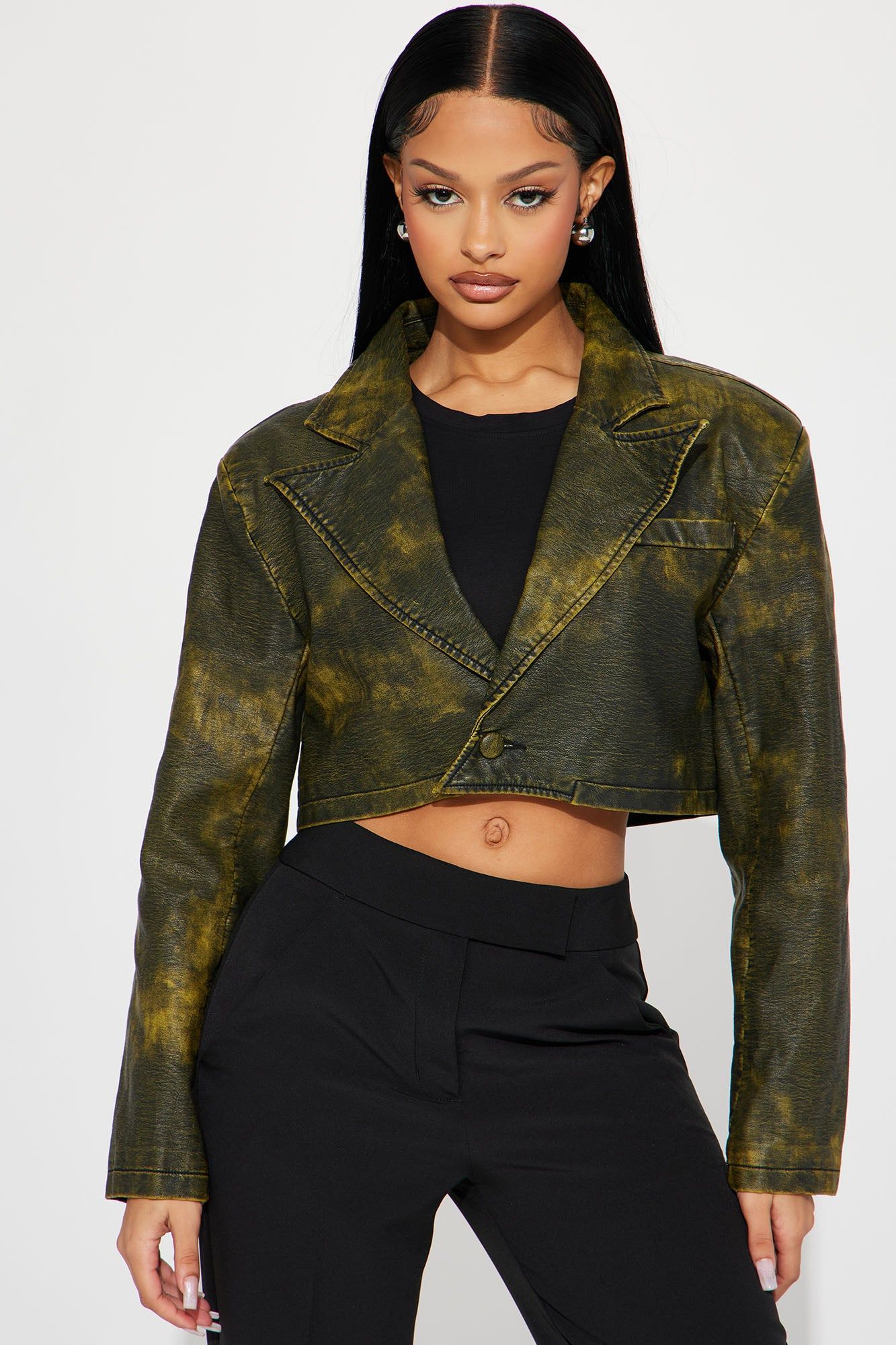 Aline Washed Faux Leather Crop Blazer - Grey sold by Fashion Nova