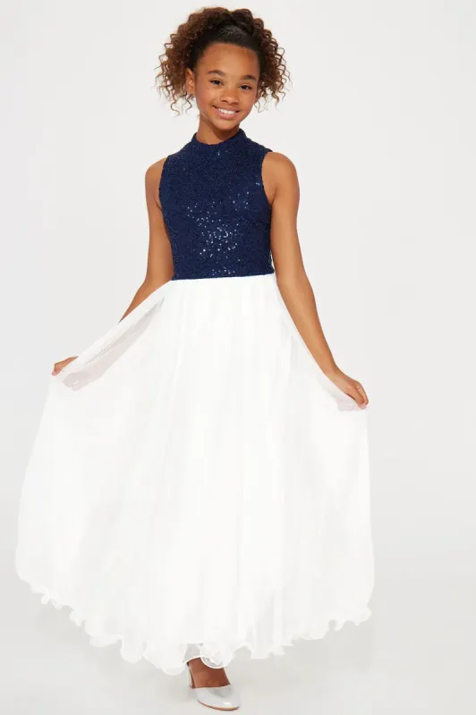Mini Ballroom Cutie Sequin Maxi Dress - Navy/combo sold by Fashion Nova
