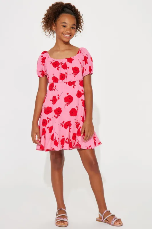 Mini Flowers For You Short Sleeve Dress - Pink/combo sold by Fashion Nova