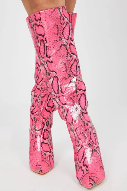Live A Little Fun Knee High Heeled Boots - Pink/combo sold by Fashion Nova
