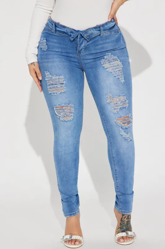 She's A Savage Foldover Stretch Skinny Jeans - Medium Wash sold by Fashion Nova