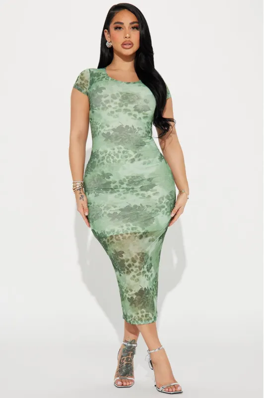 Poppy Mesh Maxi Dress - Olive/combo sold by Fashion Nova