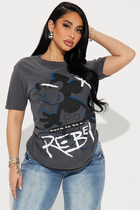 Born To Be A Rebel Steamboat Willie Tee - Black Wash sold by Fashion Nova