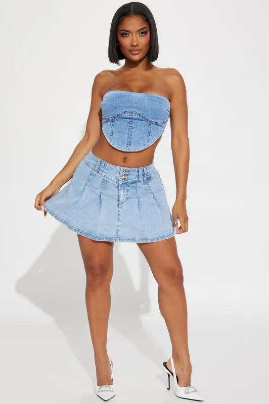 Flirt With My Pleats Mini Skirt - Medium Wash sold by Fashion Nova