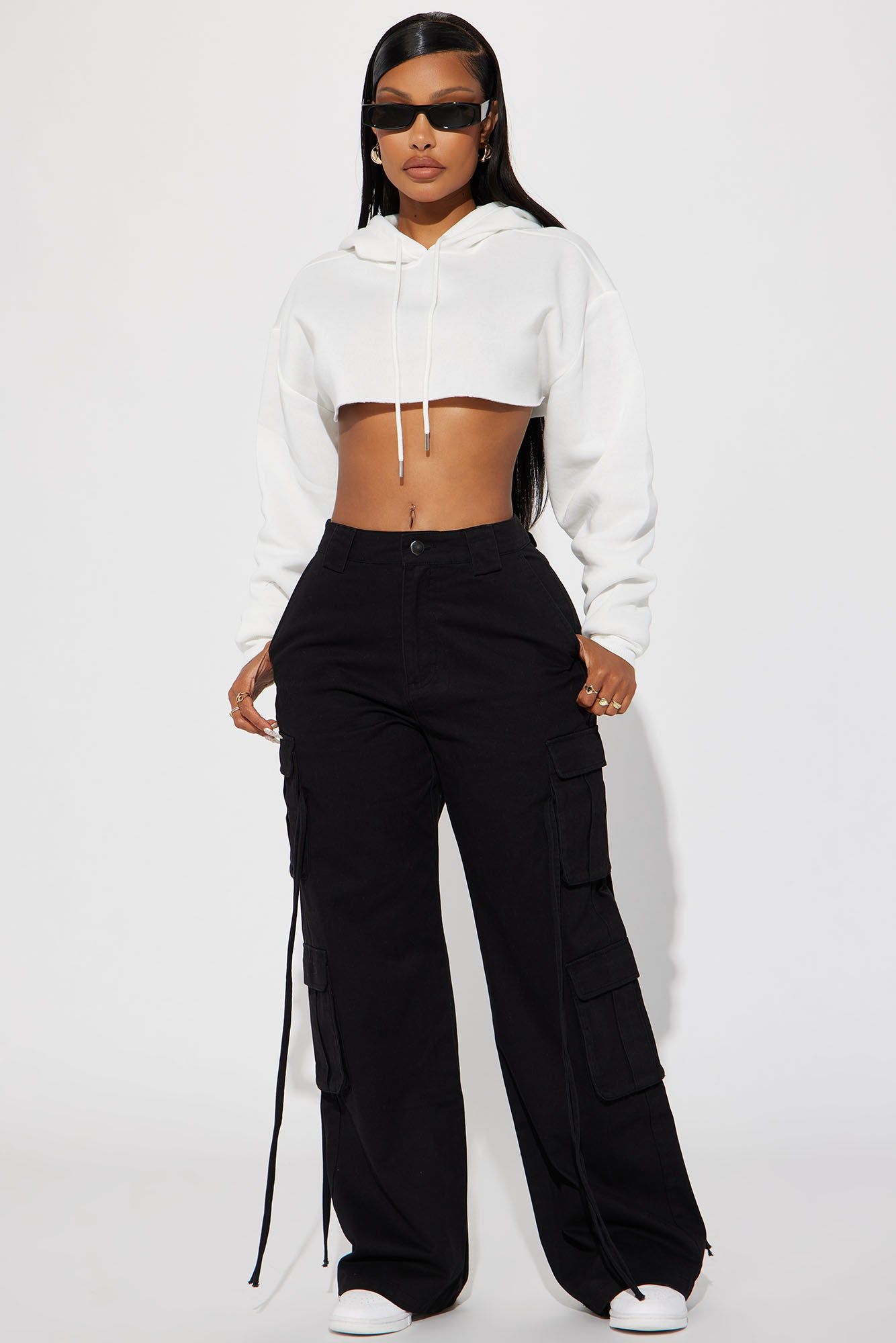 Petite Golden Hour Wide Leg Cargo Pant - Black sold by Fashion Nova