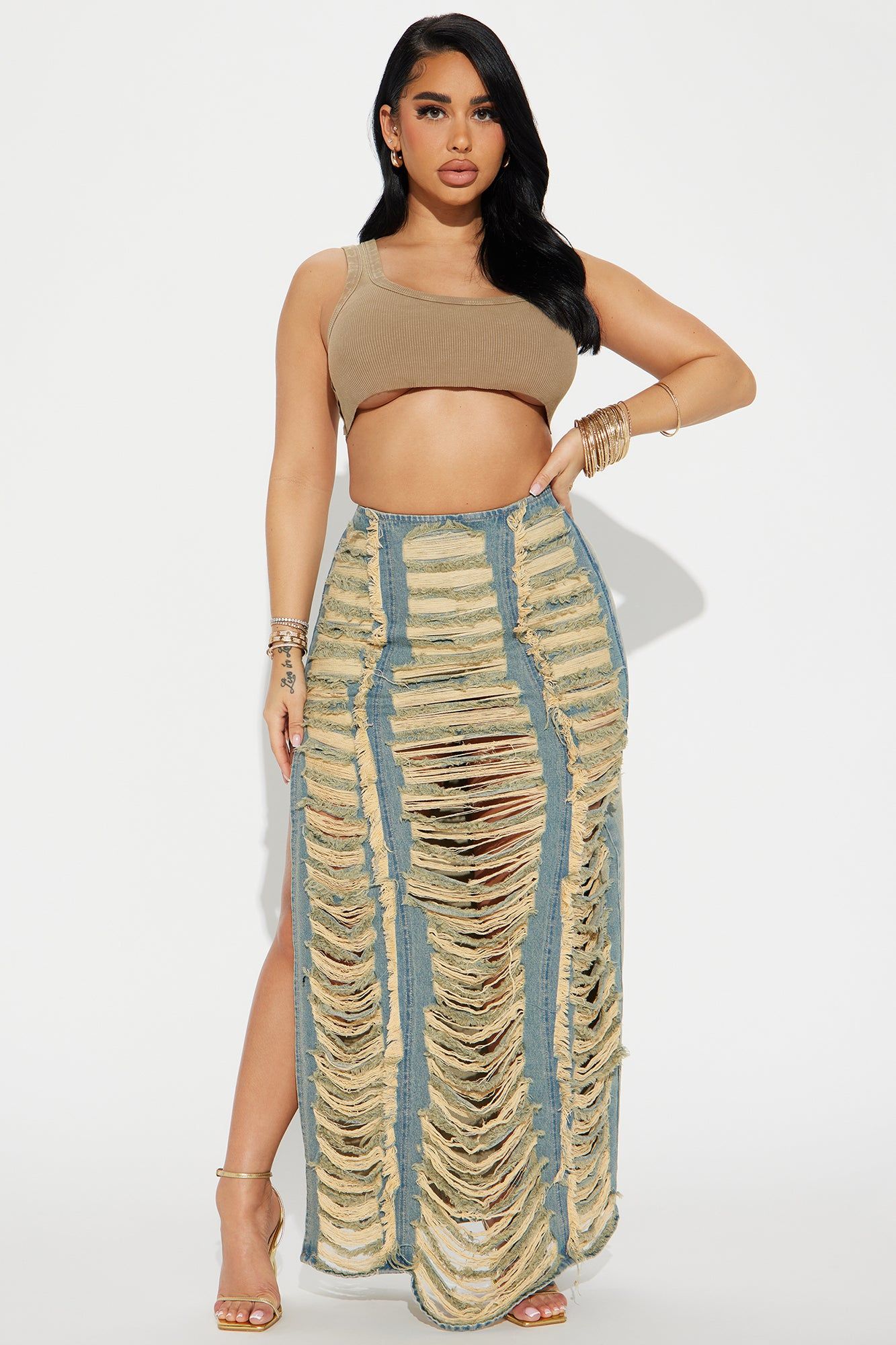 Ramona Distressed Denim Maxi Skirt - Vintage Wash sold by Fashion Nova