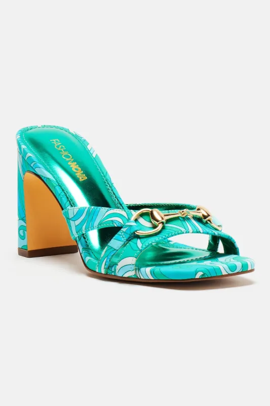 Alaina Printed Heeled Mules - Green/combo sold by Fashion Nova