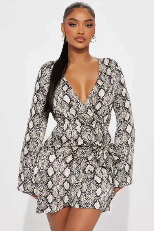 Andrea Satin Mini Dress - Tan/Multi sold by Fashion Nova