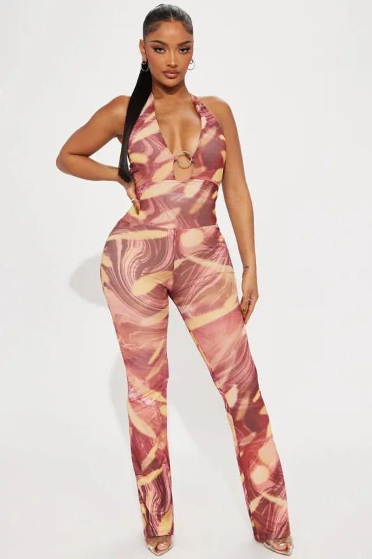 Tone It Down Mesh Jumpsuit  - Rust/combo sold by Fashion Nova