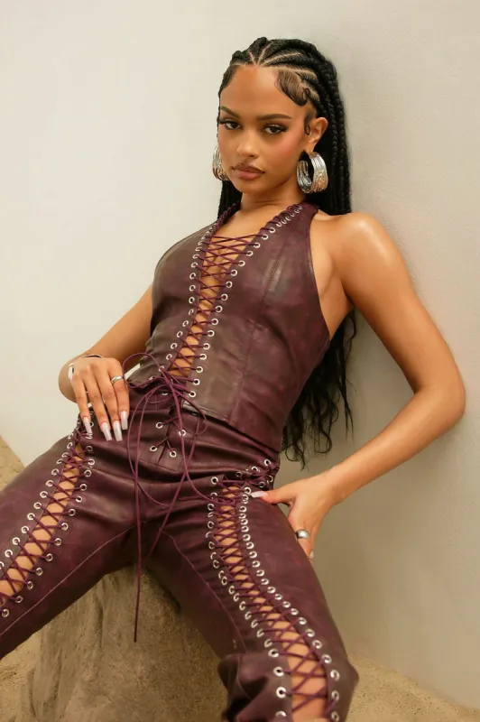 Starla Washed Faux Leather Pant Set - Burgundy sold by Fashion Nova