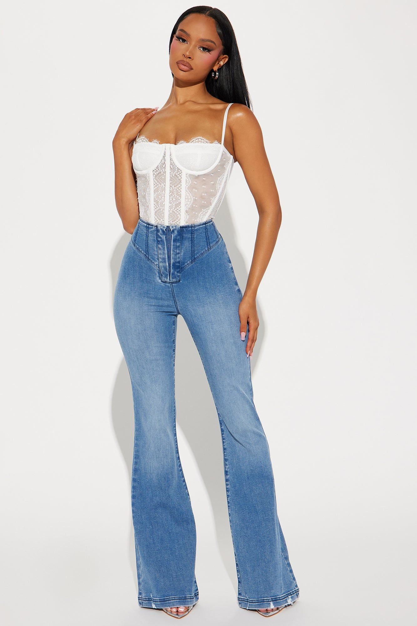 Going Over It Corset Waist Flare Jeans - Medium Wash sold by Fashion Nova