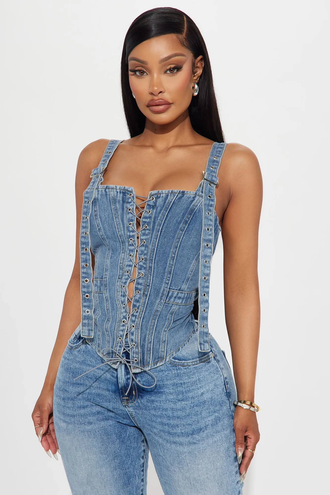 High Roller Washed Denim Top - Medium Wash sold by Fashion Nova
