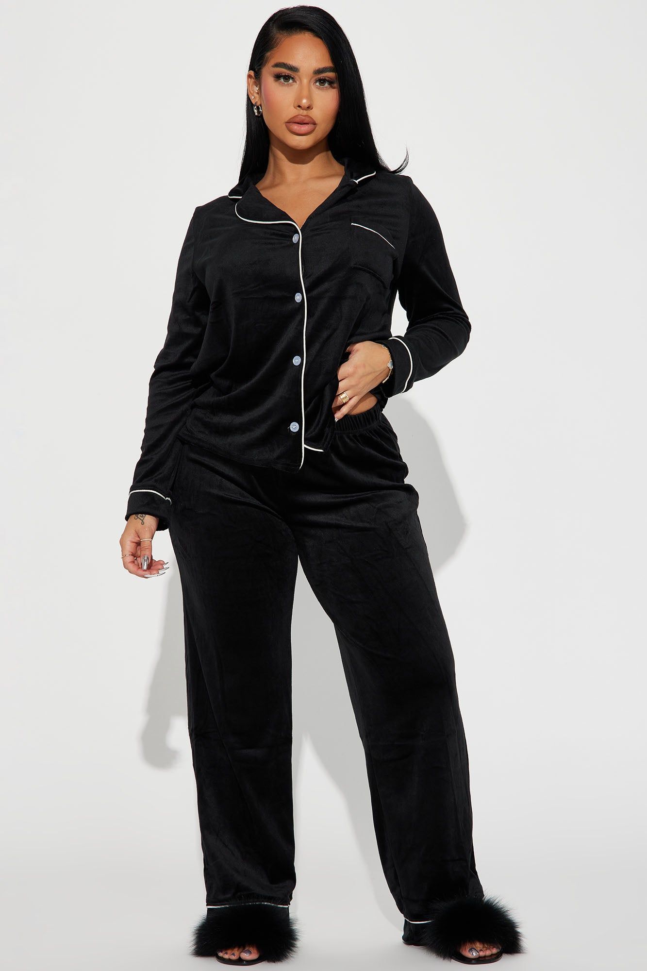 Head In The Clouds Velvet PJ Pant Set - Black sold by Fashion Nova