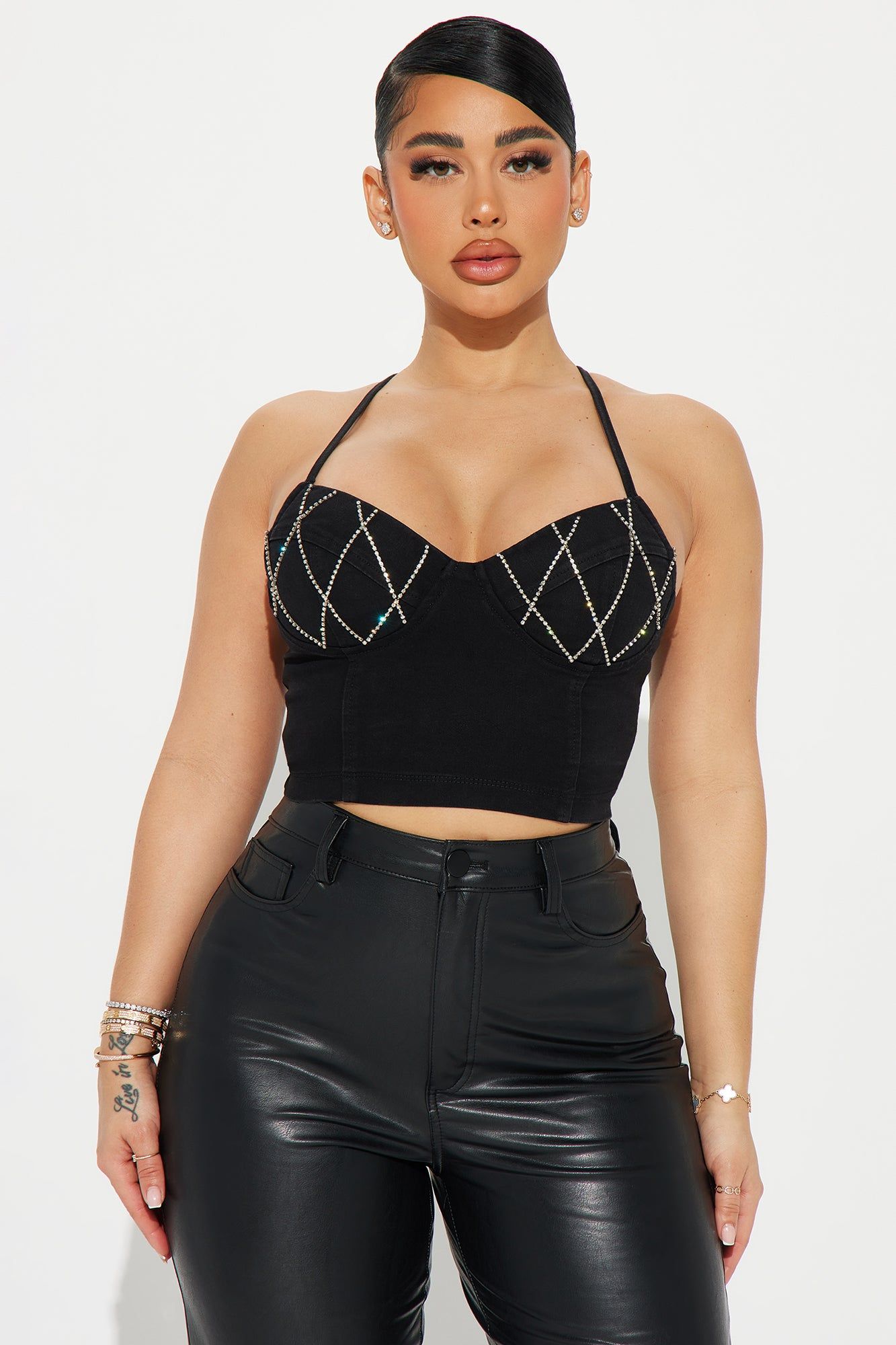 Dana Denim Rhinestone Corset Top - Black Wash sold by Fashion Nova