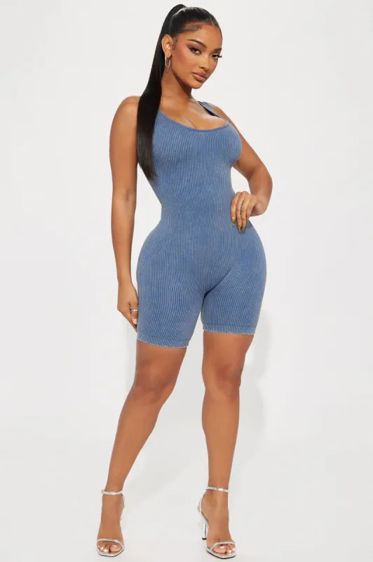Nikole Mineral Wash Seamless Romper - Blue sold by Fashion Nova