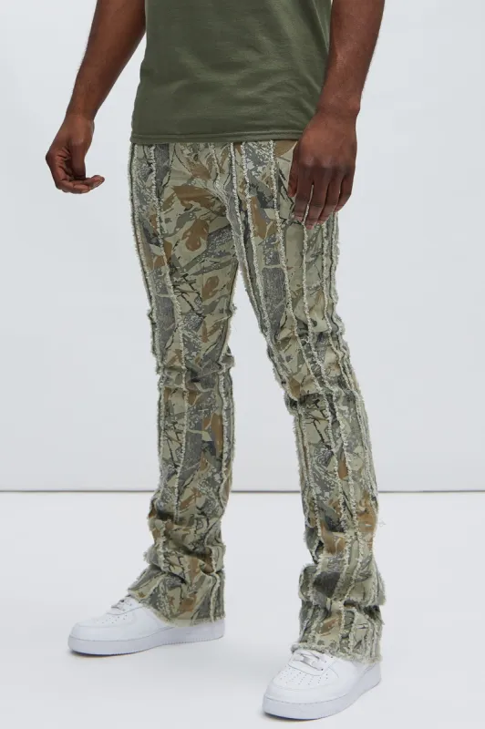 Going Down Fray Stacked Skinny Flare Pants - Green/combo sold by Fashion Nova