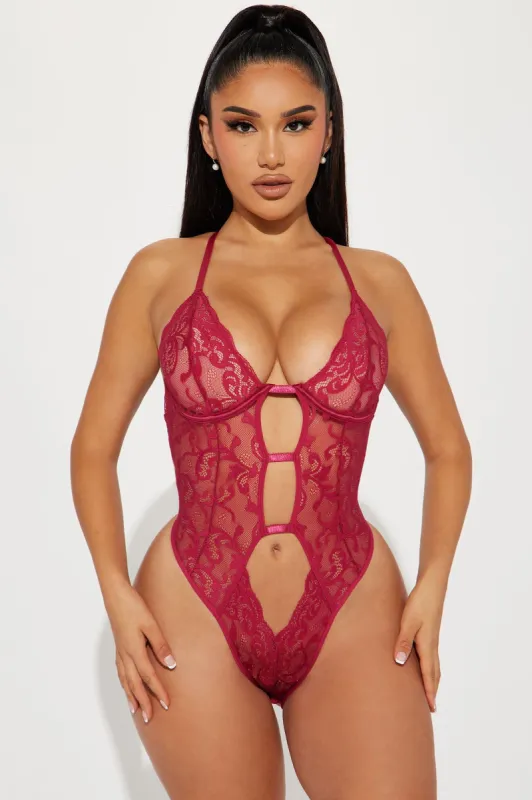 As Long As I'm Here Crotchless Lace Teddy - Magenta sold by Fashion Nova