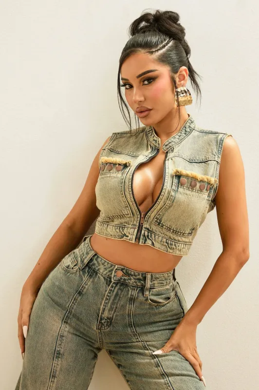 All Too Well Tinted Denim Vest - Vintage Wash sold by Fashion Nova