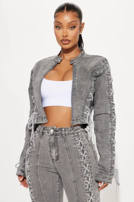 Boo Thang Lace Up Denim Jacket - Grey sold by Fashion Nova