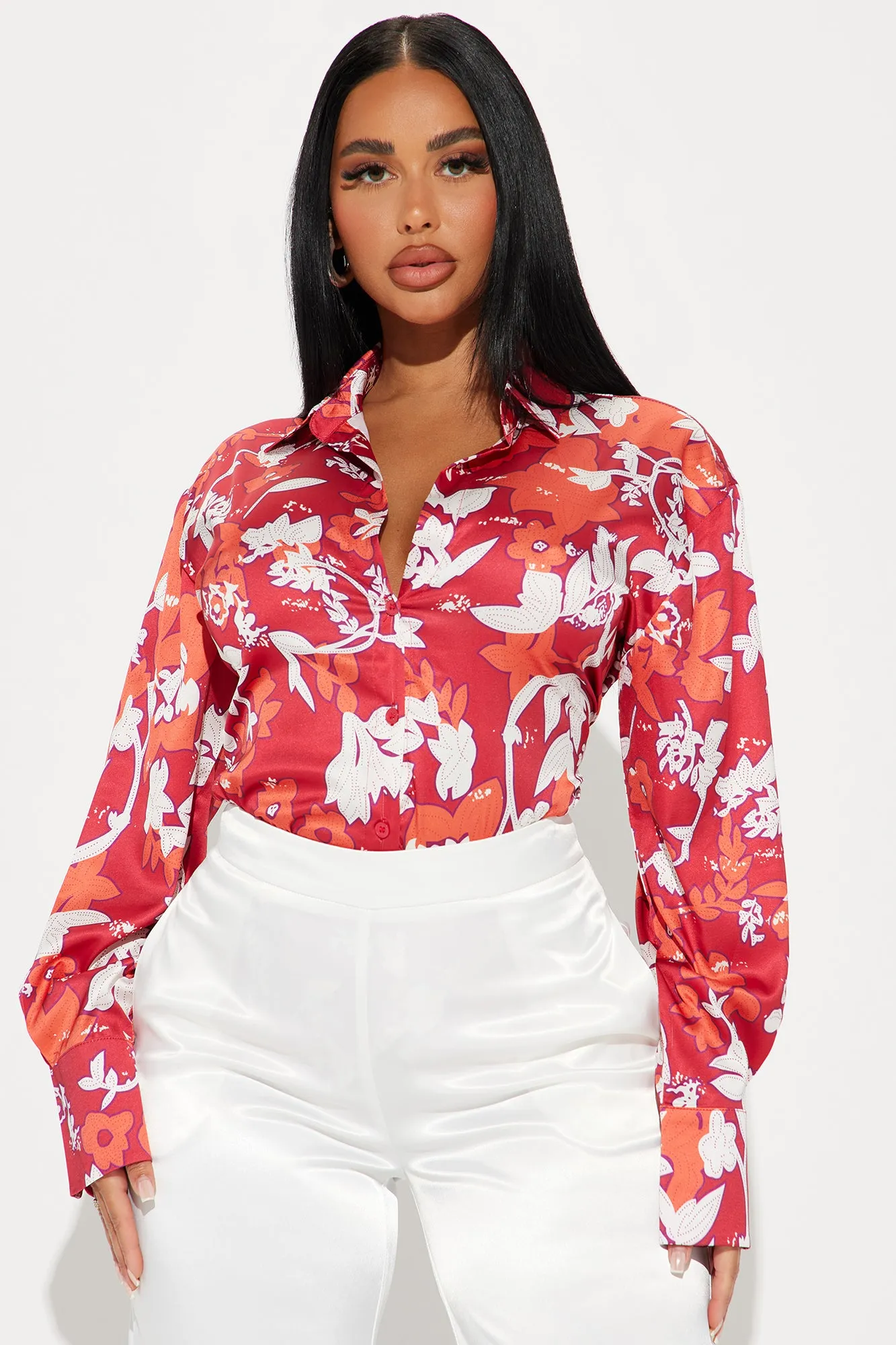 Places To Be Floral Shirt - Red/combo sold by Fashion Nova