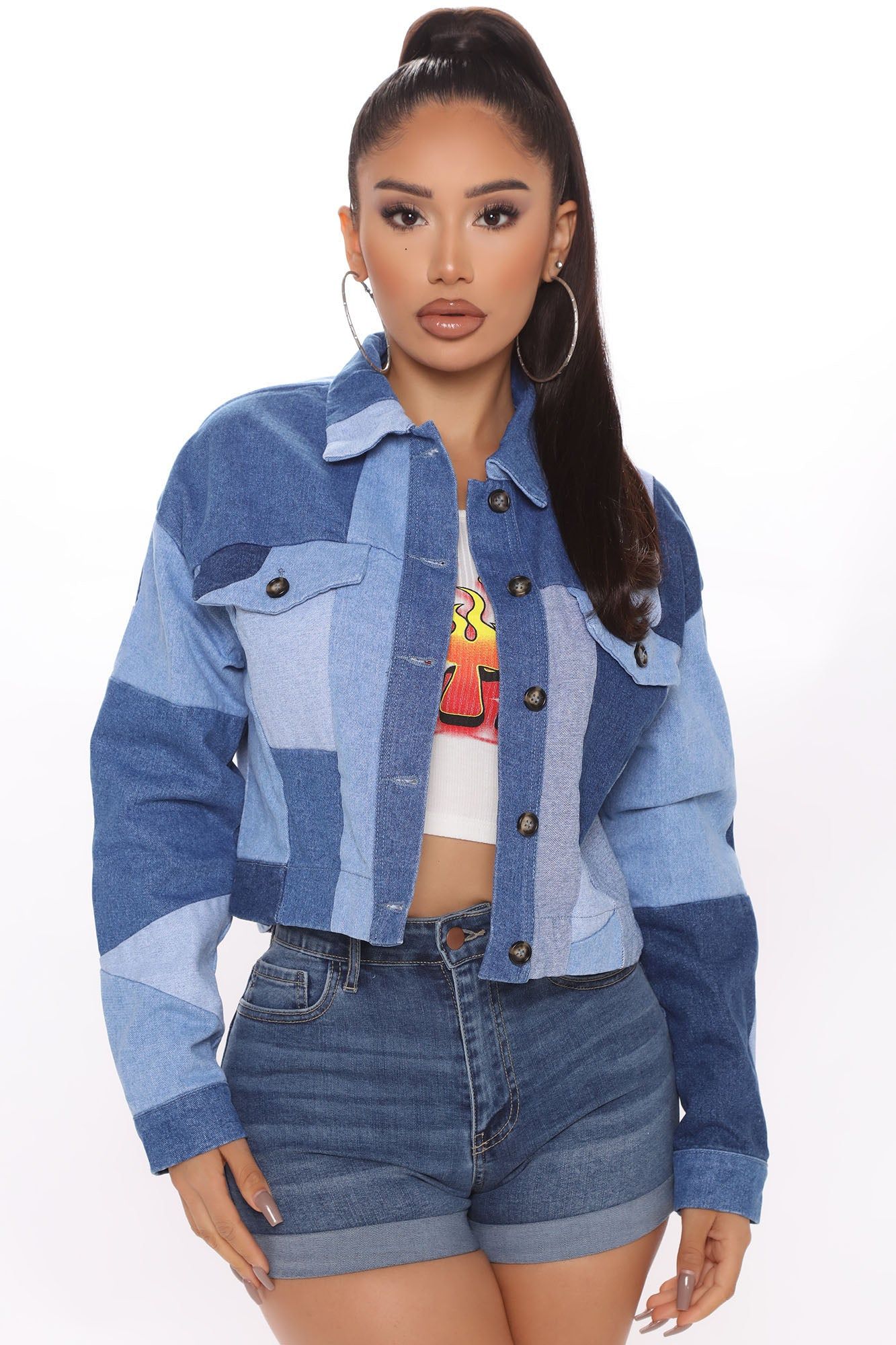 Mixed Feeling Denim Jacket - Blue/combo sold by Fashion Nova