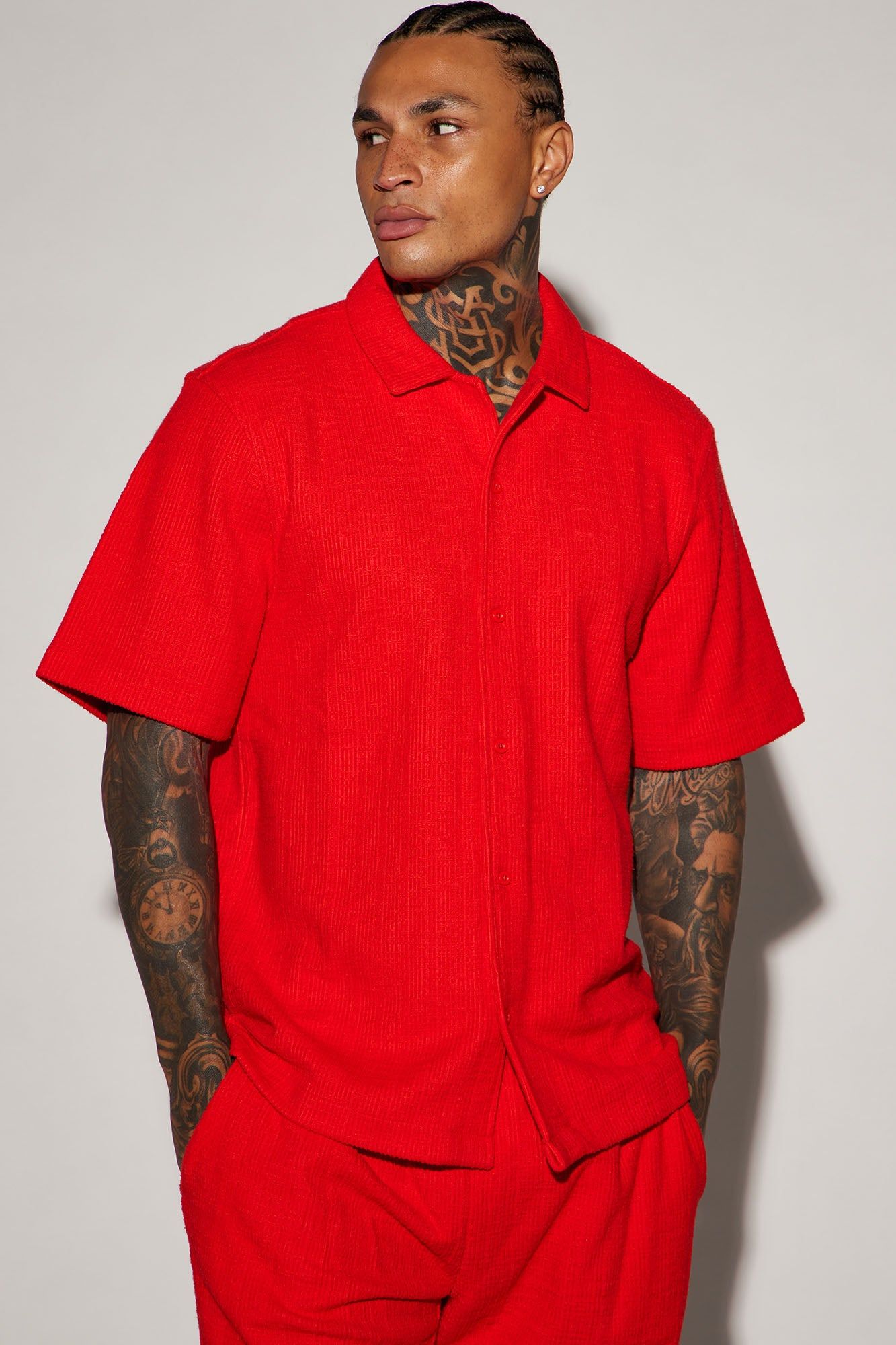 Dean Textured Short Sleeve Button Up Shirt - Red sold by Fashion Nova
