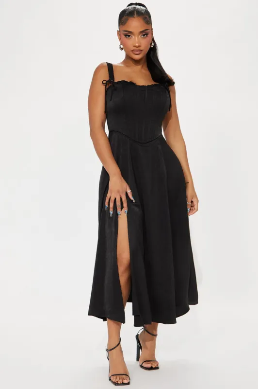 Realm of Fantasy Satin Corset Midi Dress - Black sold by Fashion Nova