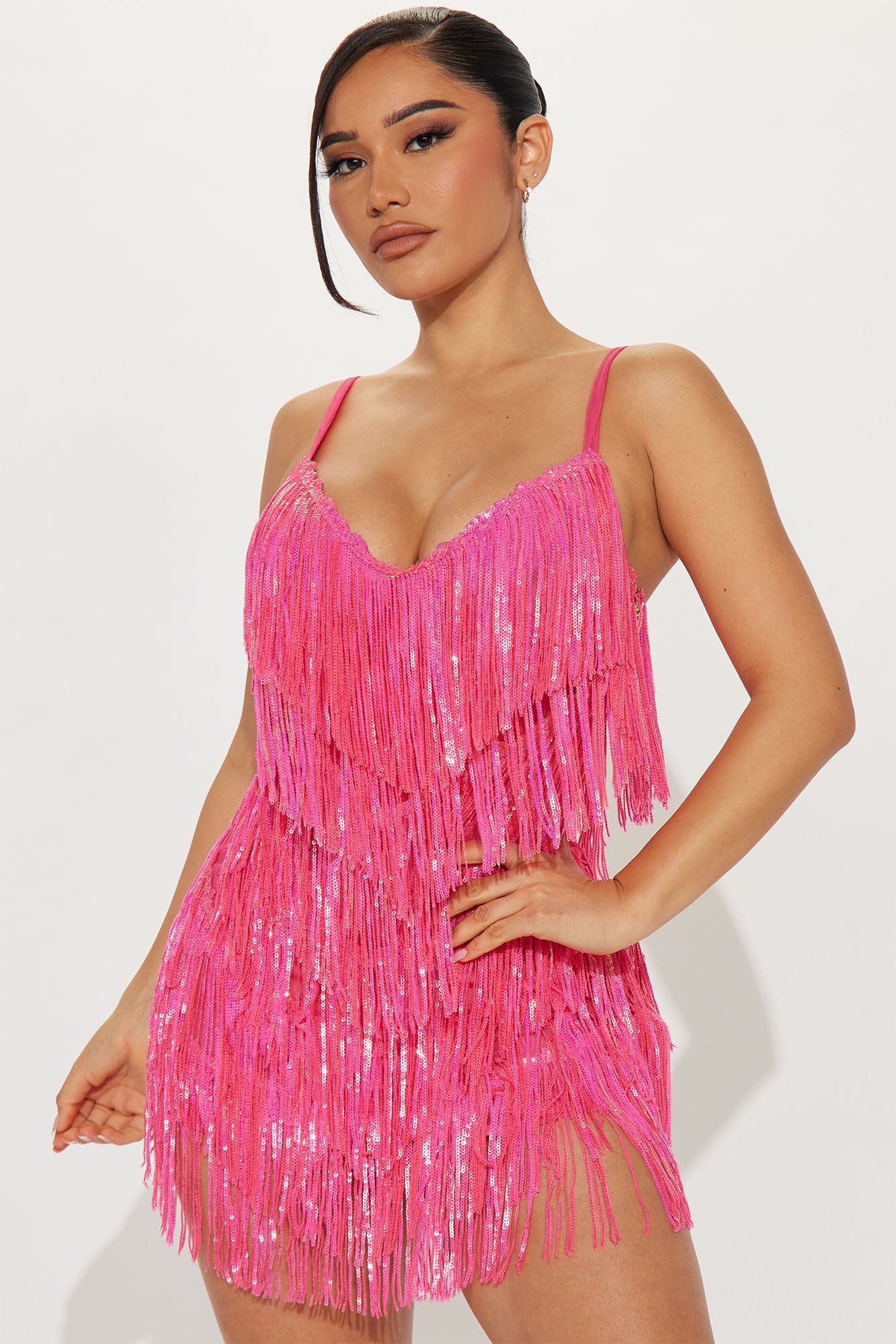Selena Sequin Fringe Mini Dress - Hot Pink sold by Fashion Nova