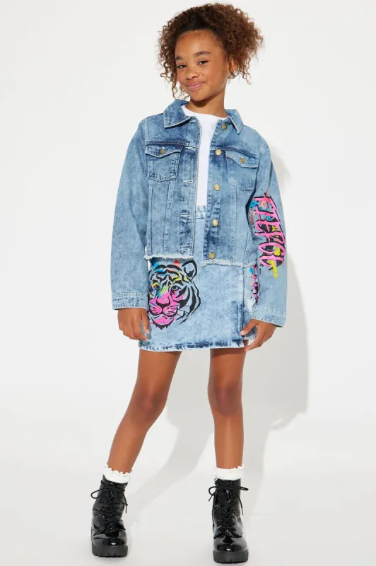 Mini Fierce Tiger Mock Wrap Denim Mini Skirt - Light Wash sold by Fashion Nova