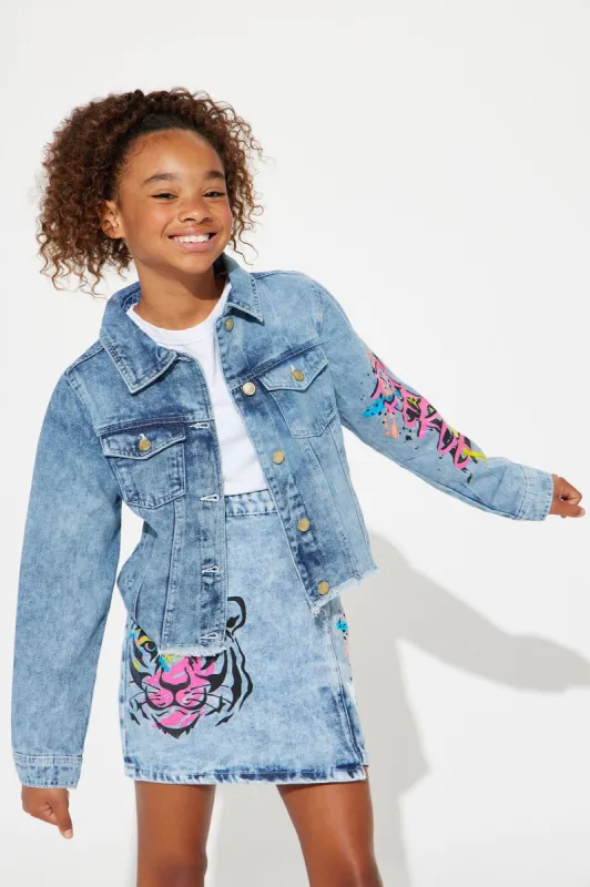 Mini Fierce Tiger Denim Jacket - Light Wash sold by Fashion Nova