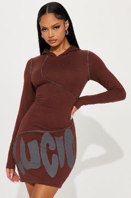 Katy Hooded Mini Dress - Brown sold by Fashion Nova