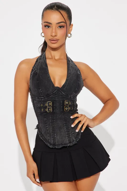 Back To Back Washed Denim Halter Top - Black Wash sold by Fashion Nova