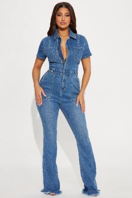 Fair And Square Denim Jumpsuit  - Medium Wash sold by Fashion Nova