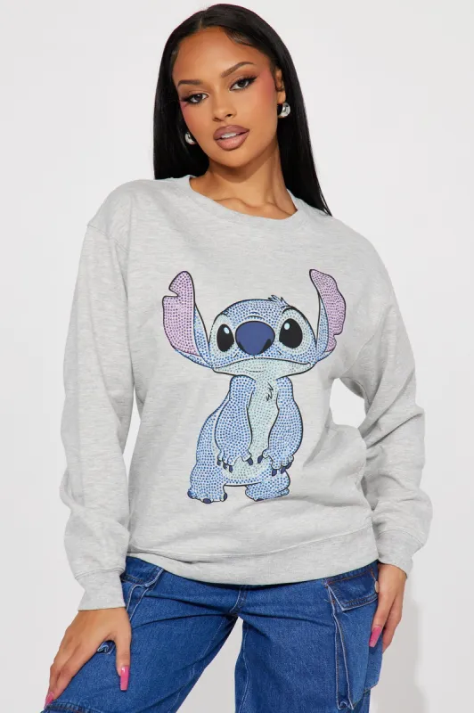 Stitch Rhinestone Crew Neck Sweatshirt - Heather Grey sold by Fashion Nova