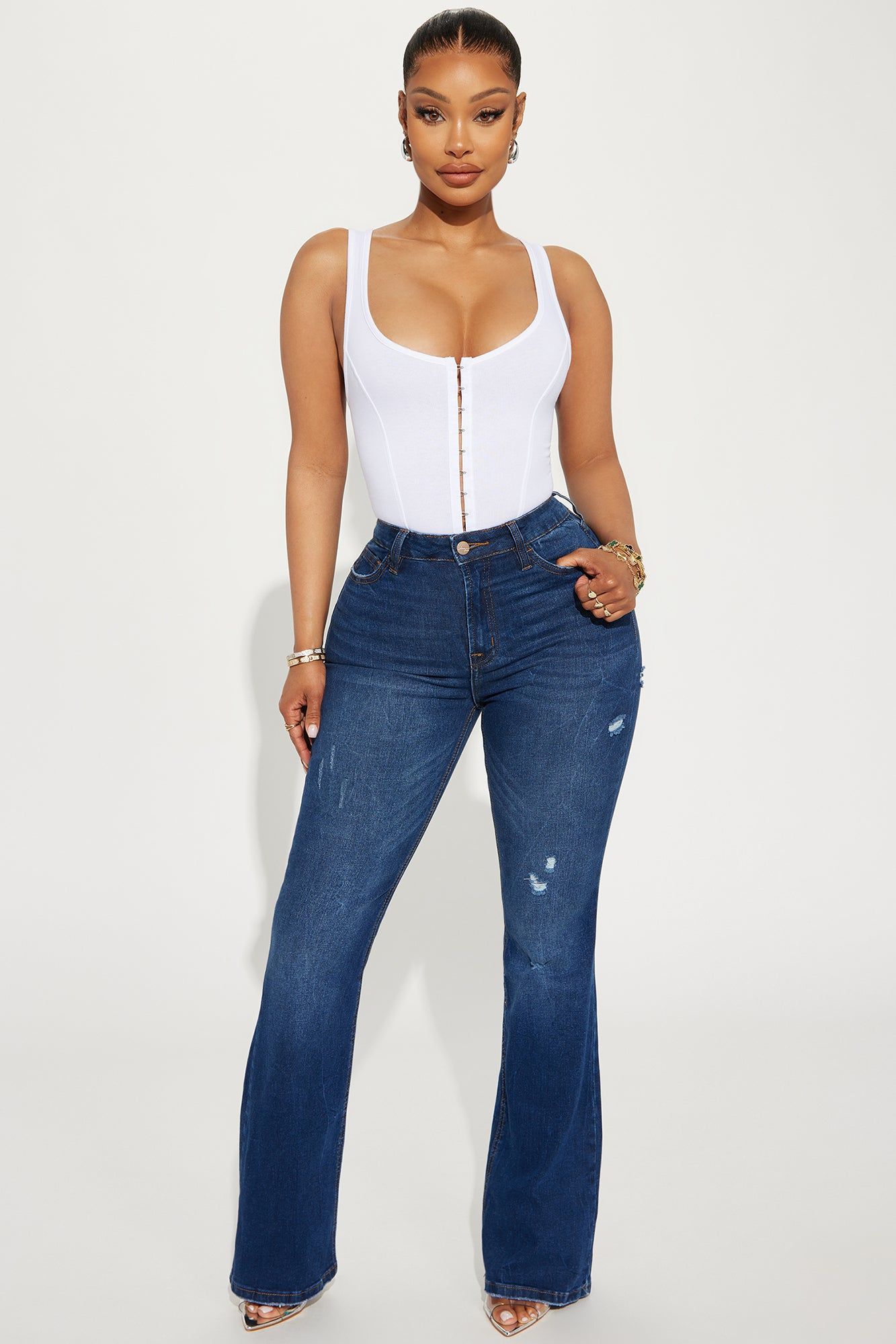 Press Pause Ripped Stretch Flare Jeans - Dark Wash sold by Fashion Nova