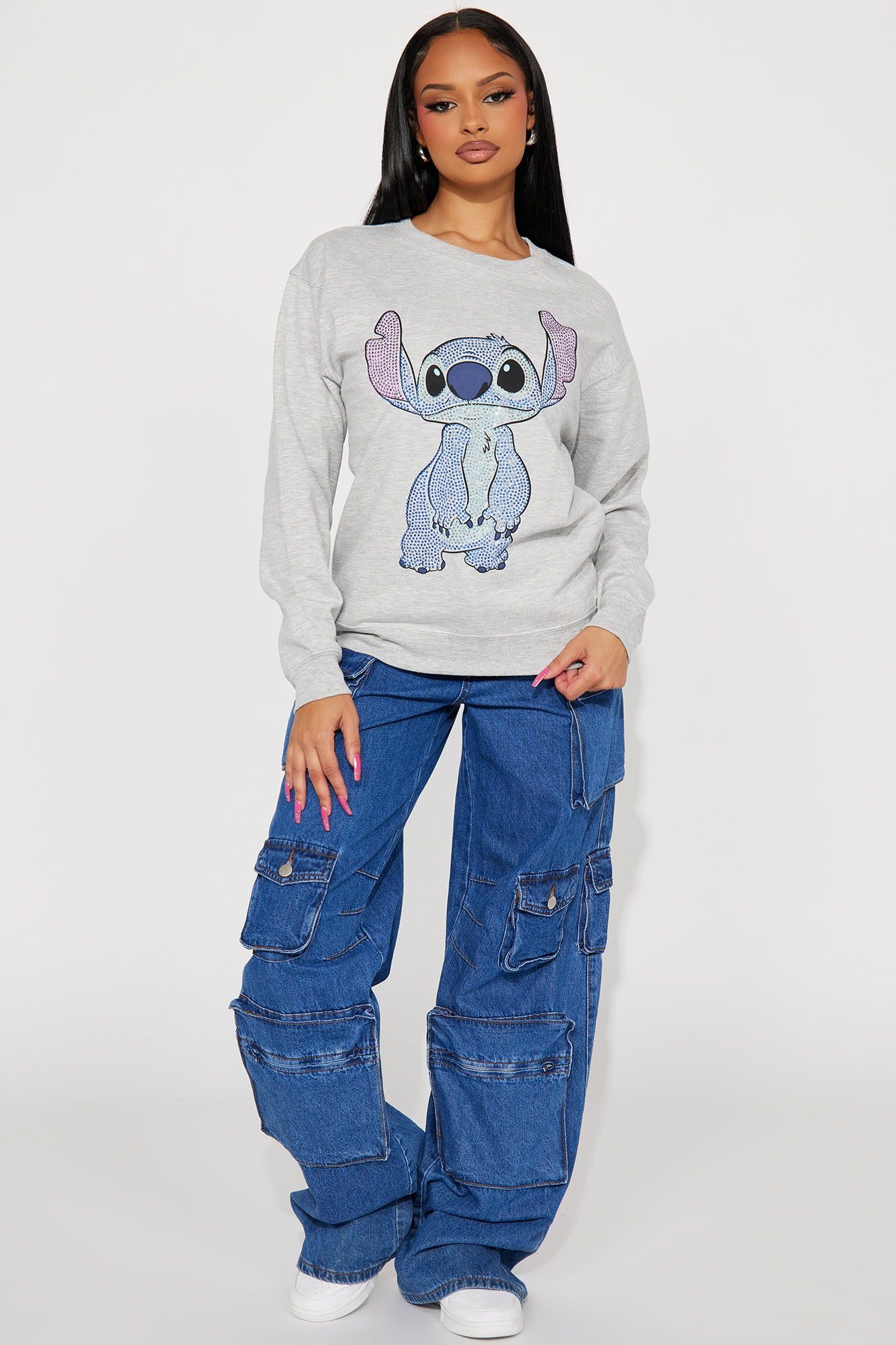 Stitch Rhinestone Crew Neck Sweatshirt - Heather Grey sold by Fashion Nova product image thumbnail 2