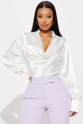 Look My Way Satin Blouse Top - White sold by Fashion Nova