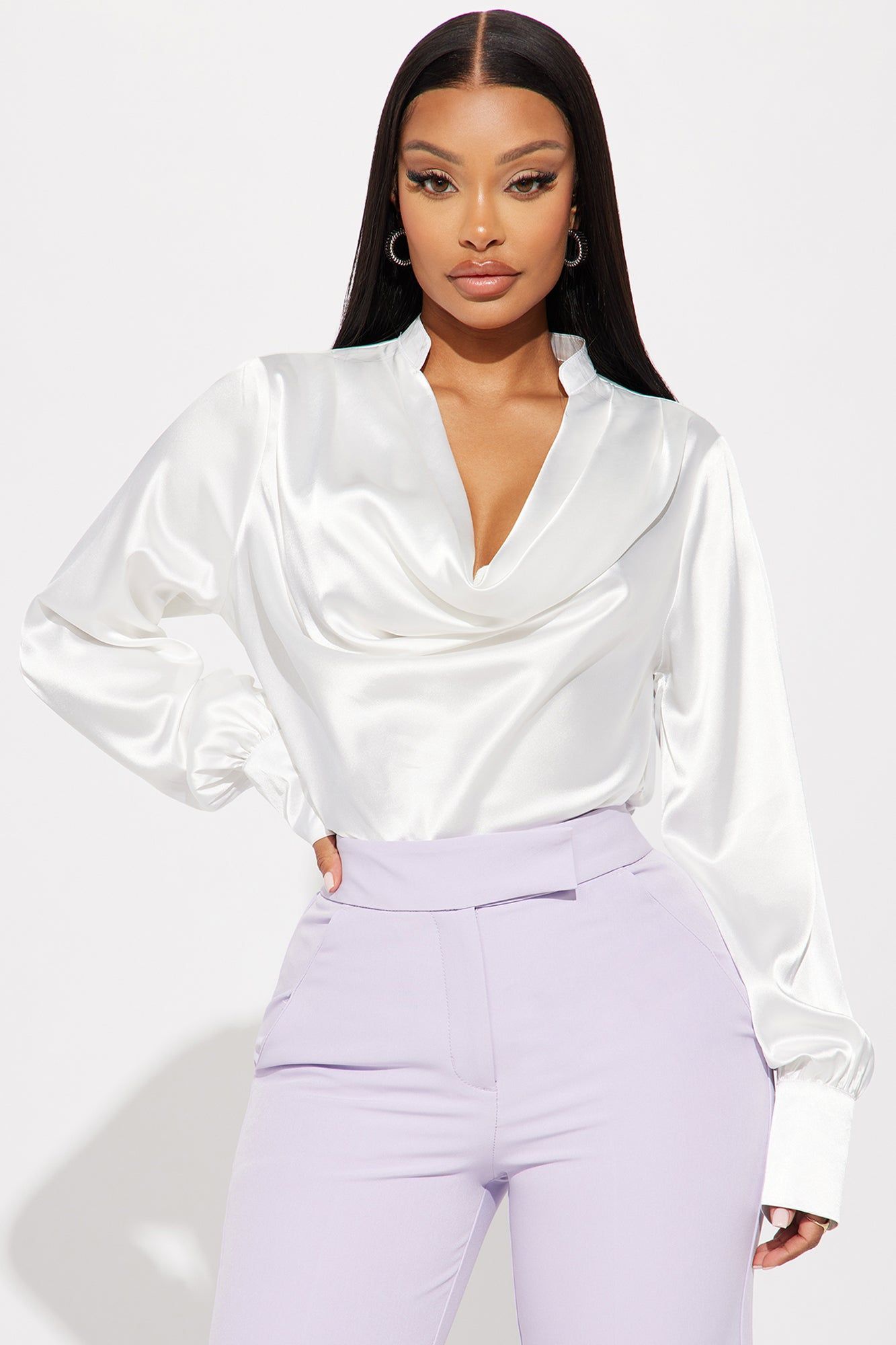 Look My Way Satin Blouse Top - White sold by Fashion Nova